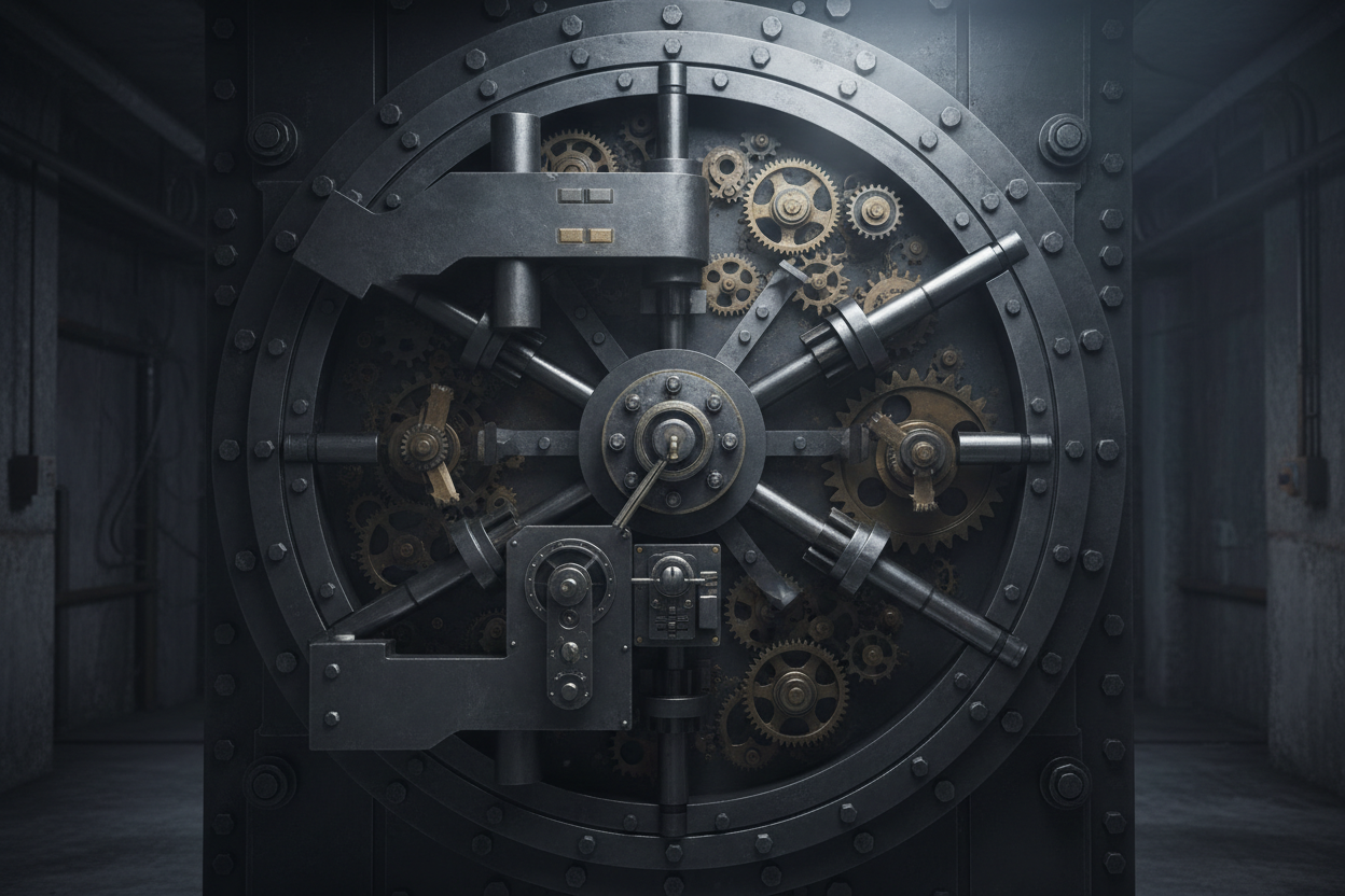 a industrial vault with lots of mechanisms. cold steel. dark feel 
